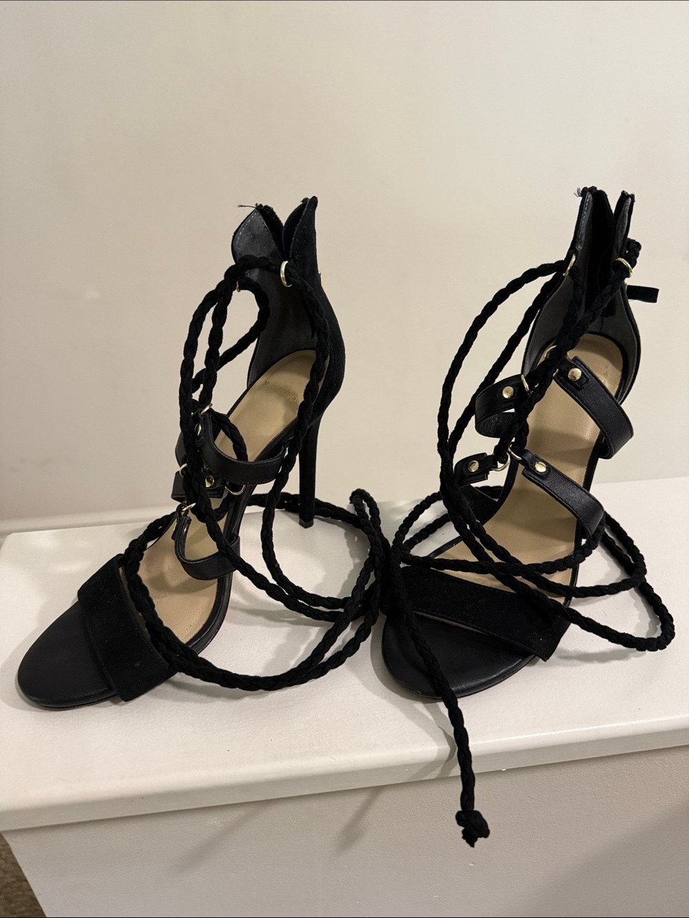 Marciano Black Braided Lace-Up Stiletto Sandals